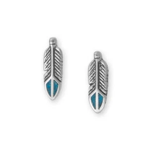 Oxidized Authentic 925 Silver 14mm Turquoise Chip Inlay Feather Stud Earrings - Picture 1 of 1