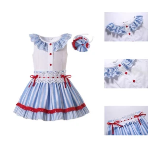 Conjunto de falda y camisa española a rayas para niñas conjunto de fiesta de bautizo y diadema EE. UU. - Imagen 1 de 12