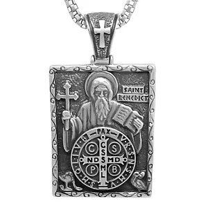 St. Benedikt Sterlingsilber 925 Medaille Anhänger Kette handgefertigt Exorzismus - Bild 1 von 10