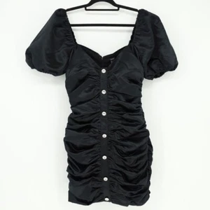 Forever 21 gerafftes gewebtes Minikleid mit Puffärmeln Medium romantisch Goth Satin LBD - Bild 1 von 5