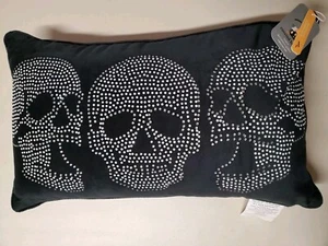 Halloween 3 Skull Faces Throw Pillow Black Soft Velvety Beaded 20x12x6in NWT - Picture 1 of 10