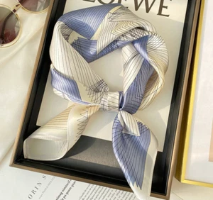 100% Silk Mulberry Scarf 53X53cm Women Square Bandana Wrap Blue and white lines - Picture 1 of 3