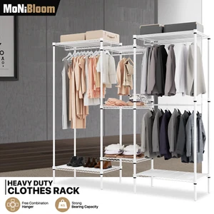 Metal Closet Organizer Hanging Rod Clothes Storage Shelf Adjustable Garment Rack - Picture 1 of 12