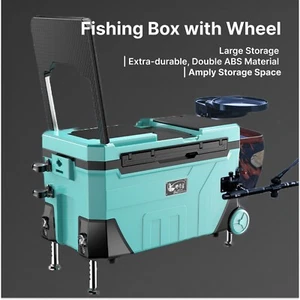 Fishing Tackle Box w/Wheels-Removable Tackle Tray, Bait Holders, Rod Holder - Picture 1 of 12