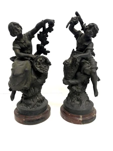 COPPIA ANTICA SCULTURA ANTIMONIO FANCIULLA Les raisins Les Cerises Par F. Moreau - Foto 1 di 20