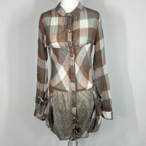 Monoreno Bluse kariert Tunika Knopfleiste Patchwork bestickt Overlay M braun - Bild 1 von 12