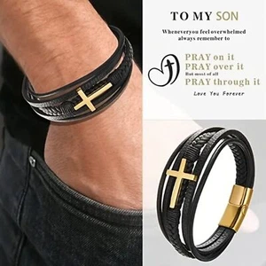 New Multi-layer Braided Leather Stainless Steel Gold Cross Charm Bracelet OSFA - Picture 1 of 6