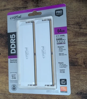 Crucial Pro DDR5-6400 CL40 64GB Kit (32GBx2) UDIMM: OC Gaming Memory (White) - Image 1 of 2