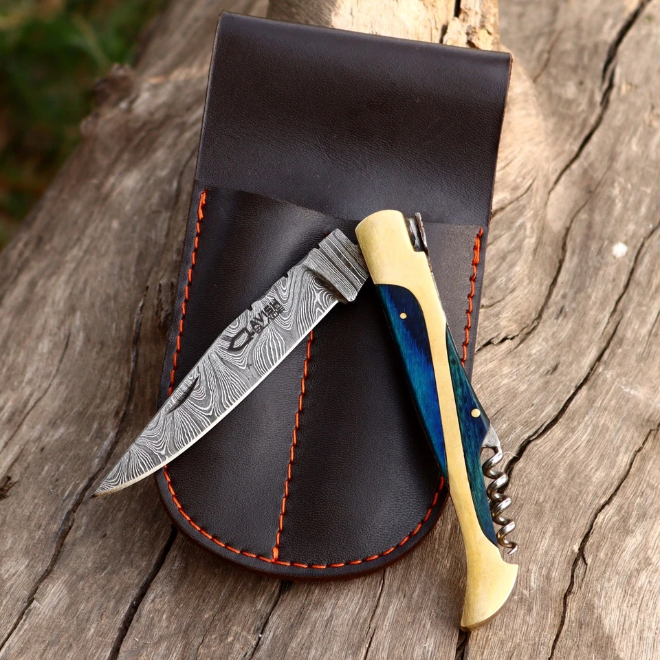 2pc Handmade Laguiole Damascus Folding Pocket Knives Brass Wood Handle & Sheath - Image 1 of 4