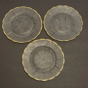 Set 3 1950's Jeanette Glass Harp 7" Salad Plates Scalloped Edge Gold Trim Lot - Picture 1 of 7