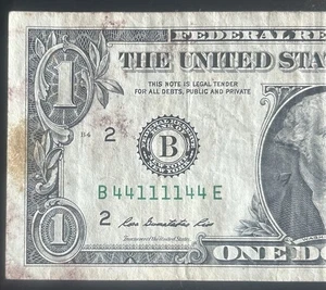 (BINARY RADAR/QUAD DOUBLE NOTE!) $1 Binary Radar Fancy Serial Number B44111144E - Picture 1 of 3