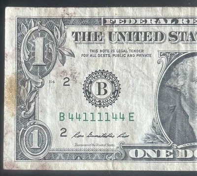 (BINARY RADAR/QUAD DOUBLE NOTE!) $1 Binary Radar Fancy Serial Number B44111144E - Image 1 of 3