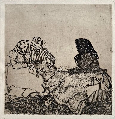 Emil Orlik, Drei Bäuerinnen im Gespräch - Am Sonntag (Böhmen) , Radierung - Bild 1 von 3