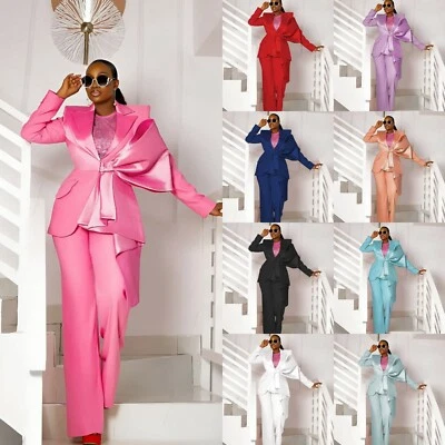 Fashion Women's Suits 2Pcs with Satin Bow Plus Size Prom Party Ladies Outfits - Image 1 of 4