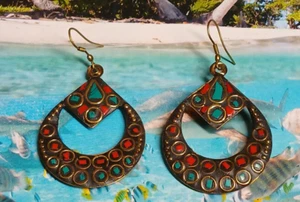 Brass Tibetan Inlay Turquoise and Coral Chip Circle Hoop Dangle Earrings - Picture 1 of 5