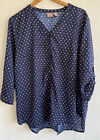 Chicos Button Up Blouse Size 2/Large Navy Blue White Roll Tab Sleeve Polka Dot