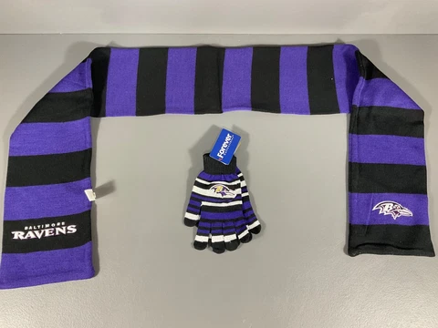 Baltimore Ravens NFL Ultimate Fan Gift Lot Winter Scarf, Striped Winter Gloves Cover
