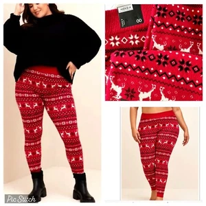 NWT Torrid 00 Red Soft Holiday Fair Isle Full Length Sweater Leggings, Size M 10 - Picture 1 of 6