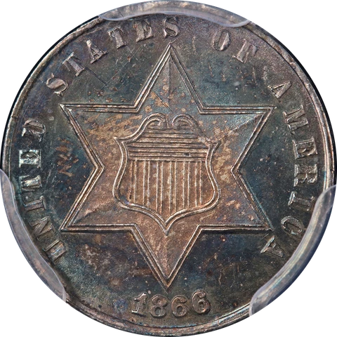 1866 Three (3) Cent Silver Great Color PCGS MS65 Key Date Superb Eye Appeal Cover