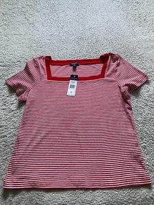 Chaps Women Striped Short Sleeve Square Neck T-Shirt Red Size XL - Picture 1 of 8