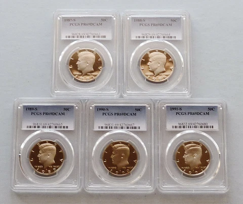 LOT OF 5:  MIXED DATE 1987-S - 1991-S KENNEDY HALF DOLLAR ~ PCGS PROOF 69 DCAM Cover