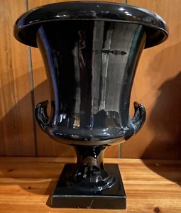 Jarrón urna pedestal negro vintage con doble mango brillante 12 pulgadas de alto - Imagen 1 de 9