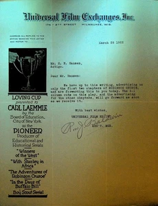 Universal Film Exchanges Letterhead March 29 1922 Robinson Crusoe Loving Cup - Picture 1 of 1