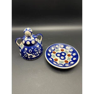 Wiza Poland Hand Made Folk Art Figurine Sugar Bowl w/ Lid & Dish Blue - Picture 1 of 7