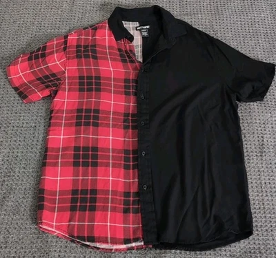 Hot Topic Mens Half Plaid Half Black Button Down Shirt Short Sleeve Casual S - Image 1 of 4