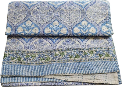 Manta acolchada - Edredón Kantha de algodón puro hecho a mano indio tamaño king palma  Foto 1 de 4