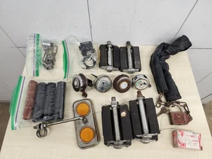 VINTAGE LOT OF BICYCLE PEDALS MISC PARTS, SCHWINN, GRIPS BIKE LOCK BELLS - Picture 1 of 14