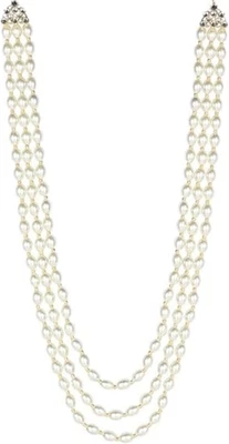 Indian Wedding Bollywood 3 Layered Gold Plated Dulha Moti Mala Long Groom Neckla - Image 1 of 4