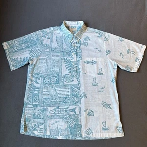 Vtg Kahala Reverse Print Mens Large Pullover Hawaiian Shirt White/Green Fish AOP - Picture 1 of 11
