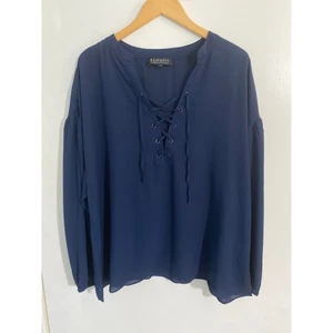 Eloquii blouse women size 18 navy blue chiffon balloon sleeve tie front peasant - Picture 1 of 5