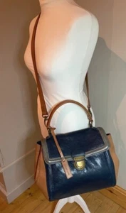 Beautiful Gharani Strok Leather Crossbody Bag. Navy, Tan and Grey. Used Once - Picture 1 of 11