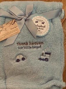 New Large Blue Blanket Embroidered Car Train Thank Heaven For Little Boys FLEECE - Picture 1 of 3