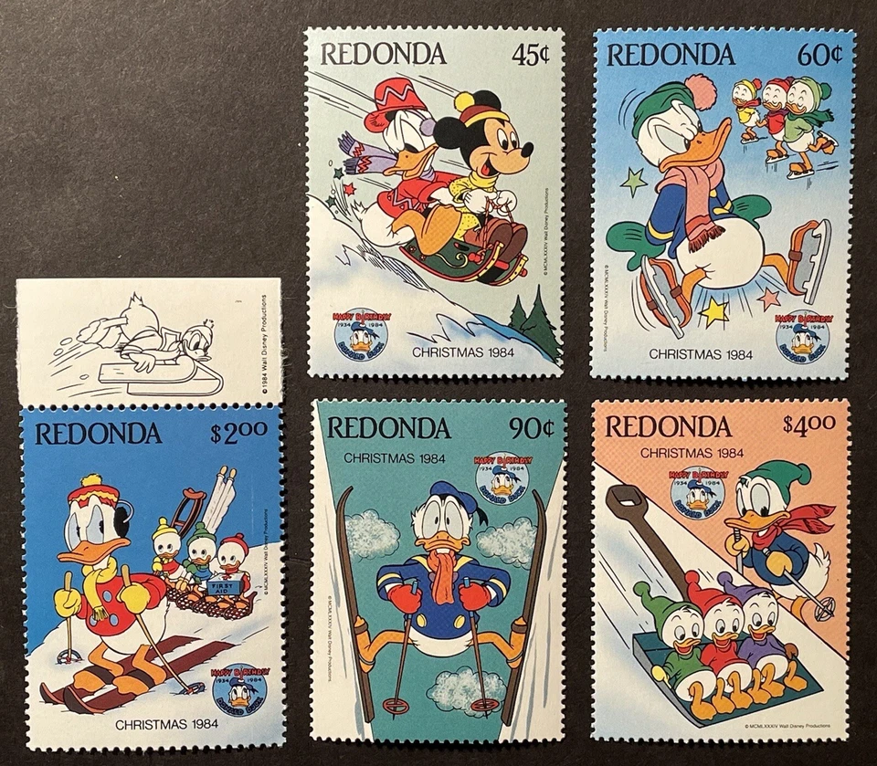 JUEGO DE SELLOS REDONDA DONALD DUCK DISNEY NAVIDAD 1984 MNH FELIZ CUMPLEAÑOS 50 AÑOS Foto 1 de 1