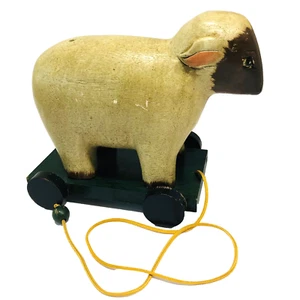 Folk Art Wood Lamb Sheep Pull Toy Hand Painted Primitive Farm Core 8 x 7 x 5 - Picture 1 of 7