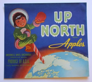Original UP NORTH Apfelkiste Label Dwinnell Brothers Oroville WA Eskimostange - Bild 1 von 1