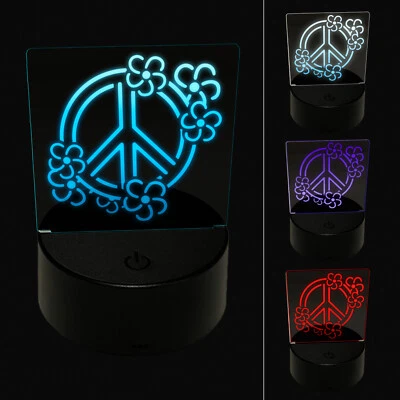 Peace Sign Surrounded by Flowers 3D Illusion LED Night Light Sign Lamp - Image 1 of 4