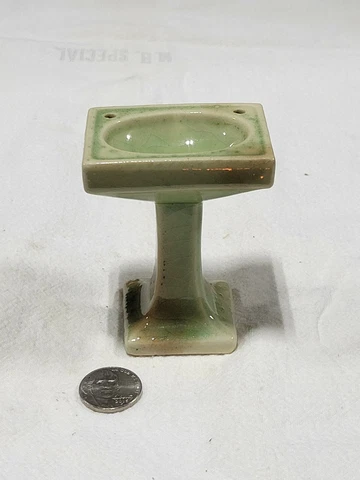 Antique Salesman Sample Green Ceramic Bathroom Vanity Sink 3" Tall Toy Size Cover
