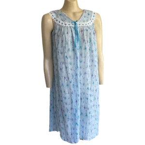 Kenneth Pirie Nightie Size 12 Lace Trim Crepon Sleeveless 1/4 Button Front Blue - Picture 1 of 11
