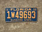 1952 Florida License Plate 1W49693 FL Ford Chevrolet Dodge Chevy Dade County FLA