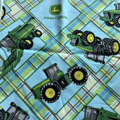 Green John Deere Fabric~2/3 Yard Green Yellow Aqua Plaid Combine Tractor Farming - Image 1 of 4