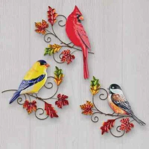 Set of 3 Songbirds Perched On Branches Indoor & Outdoor Metal Wall Art Sculpture - Picture 1 of 1