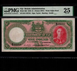 Fiji 1 Pound 1949 P-40d * PMG VF 25 * King George *