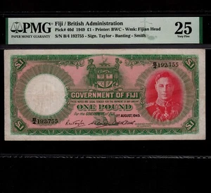 Fiji 1 Pound 1949 P-40d * PMG VF 25 * King George * - Picture 1 of 2