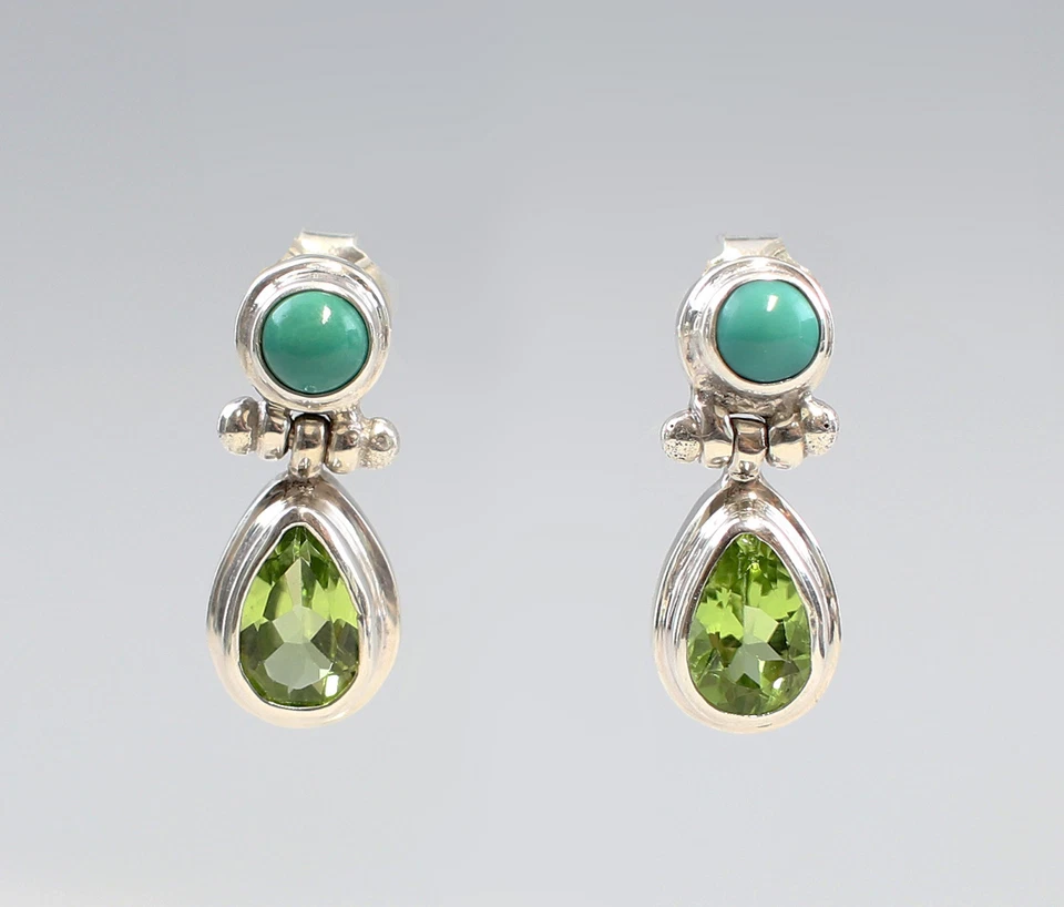 9927179-d 925er Silber Ohrringe Türkis Peridot Ohrstecker 2x1cm - Bild 1 von 1
