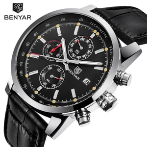 BENYAR Mens Quartz Date Army Watch Sport 3ATM Waterproof Genuine Leather Watches - Picture 1 of 16