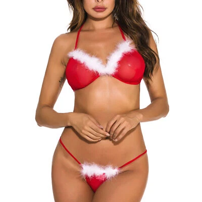 女士性感圣诞圣诞老人比基尼套装吊带文胸上衣内裤套装 — 第 1/4 张图片